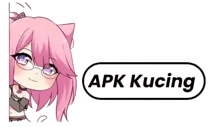 An anime girl with pink hair standing beside the "apk kucing."