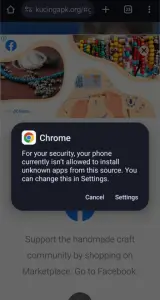 Layar ponsel menampilkan proses pengunduhan langkah 2 dari APK Kucing, yang memungkinkan sumber yang tidak diketahui.