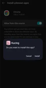Layar ponsel menampilkan proses pengunduhan langkah 4 APK Kucing, yang menunjukkan aplikasi terinstal.