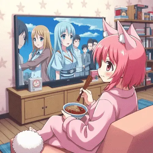 APK Kucing Untuk PC: Unduh Versi Anime Terbaru 2025 2 Seorang gadis kucing anime berambut merah muda menonton anime "APK Kucing" di PC sambil memegang semangkuk mie dengan tongkat.