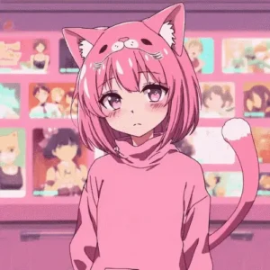APK Kucing: Unduh v2.5.4.5 Versi Terbaru 2025 2 APK Kucing berada di latar belakang gadis kucing anime berambut merah muda yang mengenakan hoodie dan ekor.