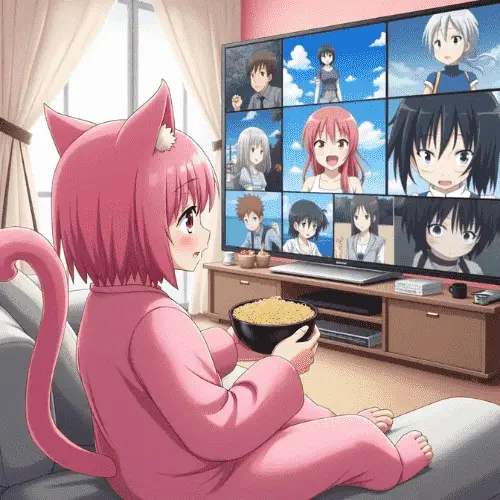 APK Kucing Untuk PC: Unduh Versi Anime Terbaru 2025 6 Seorang gadis berambut merah muda dengan ekor duduk di sofa dengan semangkuk mie hitam sedang menonton karakter anime dari APK Kucing di komputer.