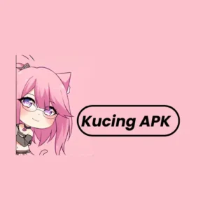 Unduh APK Kucing Untuk iOS/iPhone 2025 Versi Baru 3 Seorang gadis imut berambut merah muda dan berkacamata berdiri di samping judul "kucing apk" di dalam kotak berbentuk oval dengan latar belakang merah muda.