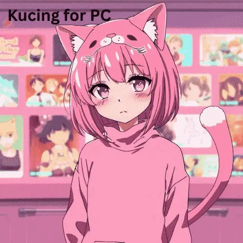 APK Kucing Untuk PC: Unduh Versi Anime Terbaru 2025 3 Gadis kucing berambut merah muda mengenakan hoodie, dengan ekor dan latar belakang film anime yang mempromosikan 'download apk kucing untuk PC'.